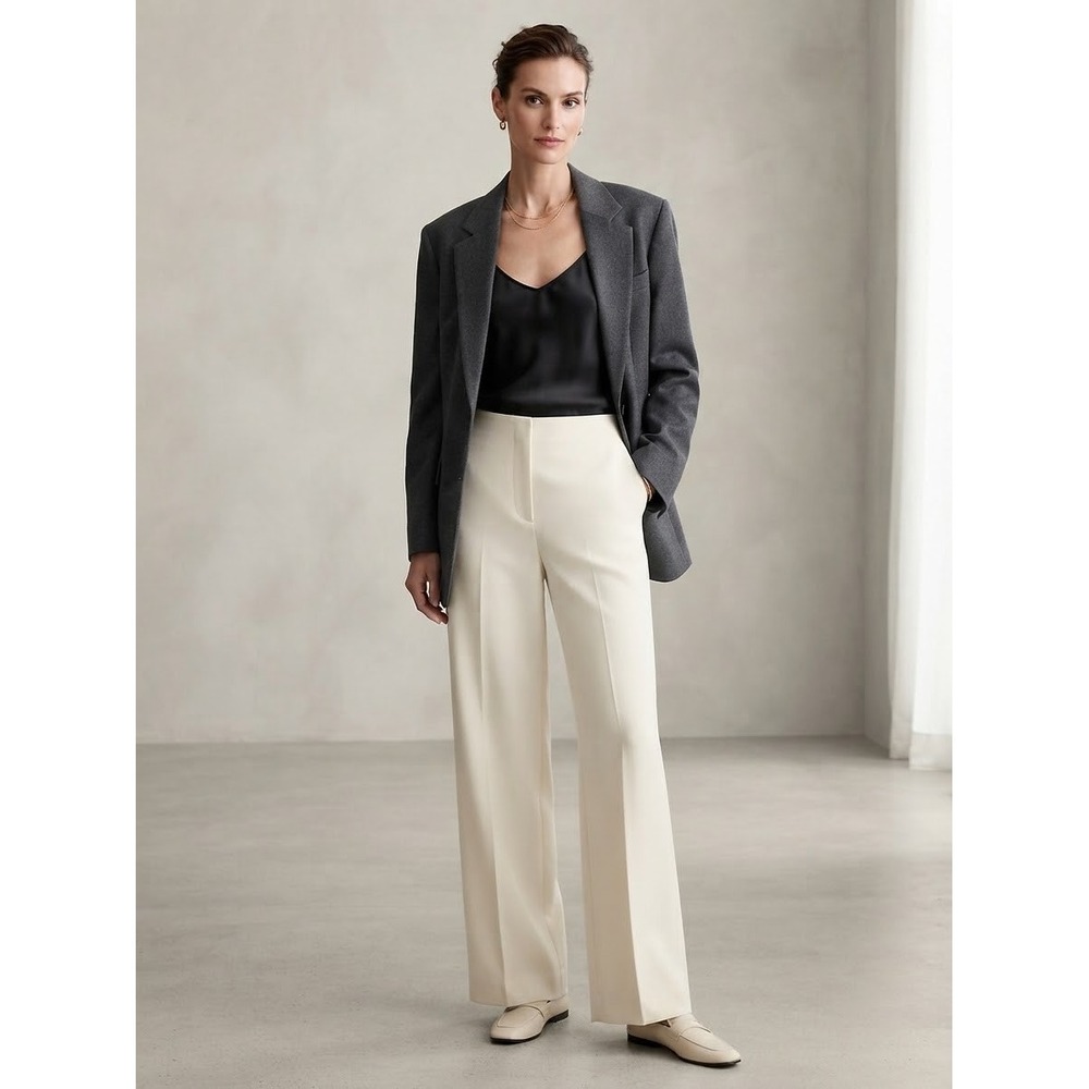 DKNY Womens Cream Wide Leg High Waisted Dress Pants Size 10 Side Zip Trouser
